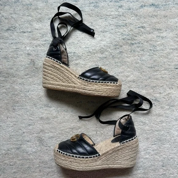 Gucci Charlotte Marmont Espadrilles Platform Wedge Heels Black Leather 8.5/9 - Picture 3 of 11